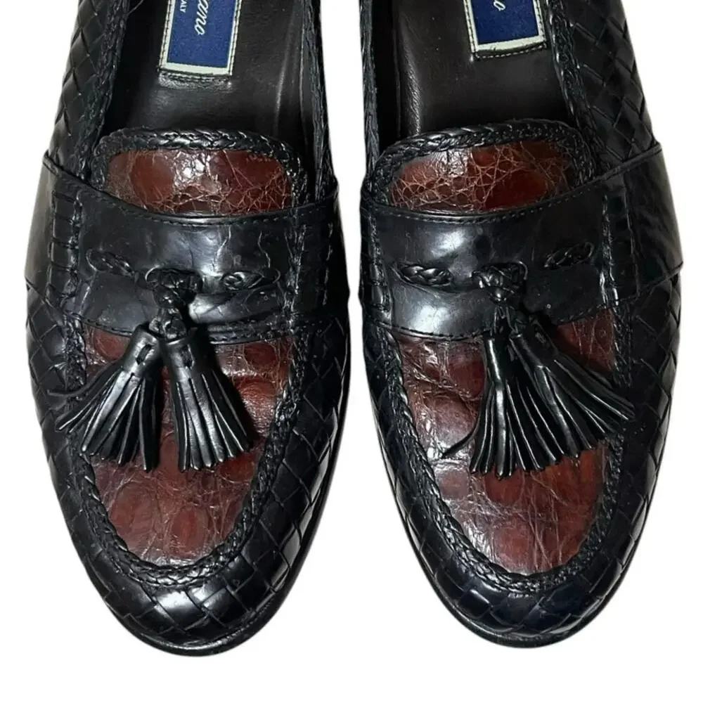 Bragano Crocodile Woven Leather Tassel Loafers Black/Brown Made In Italy 10.5 N